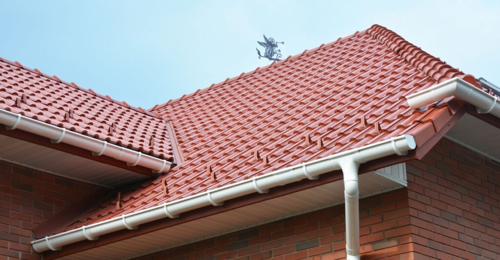 A red roof with gutters.
