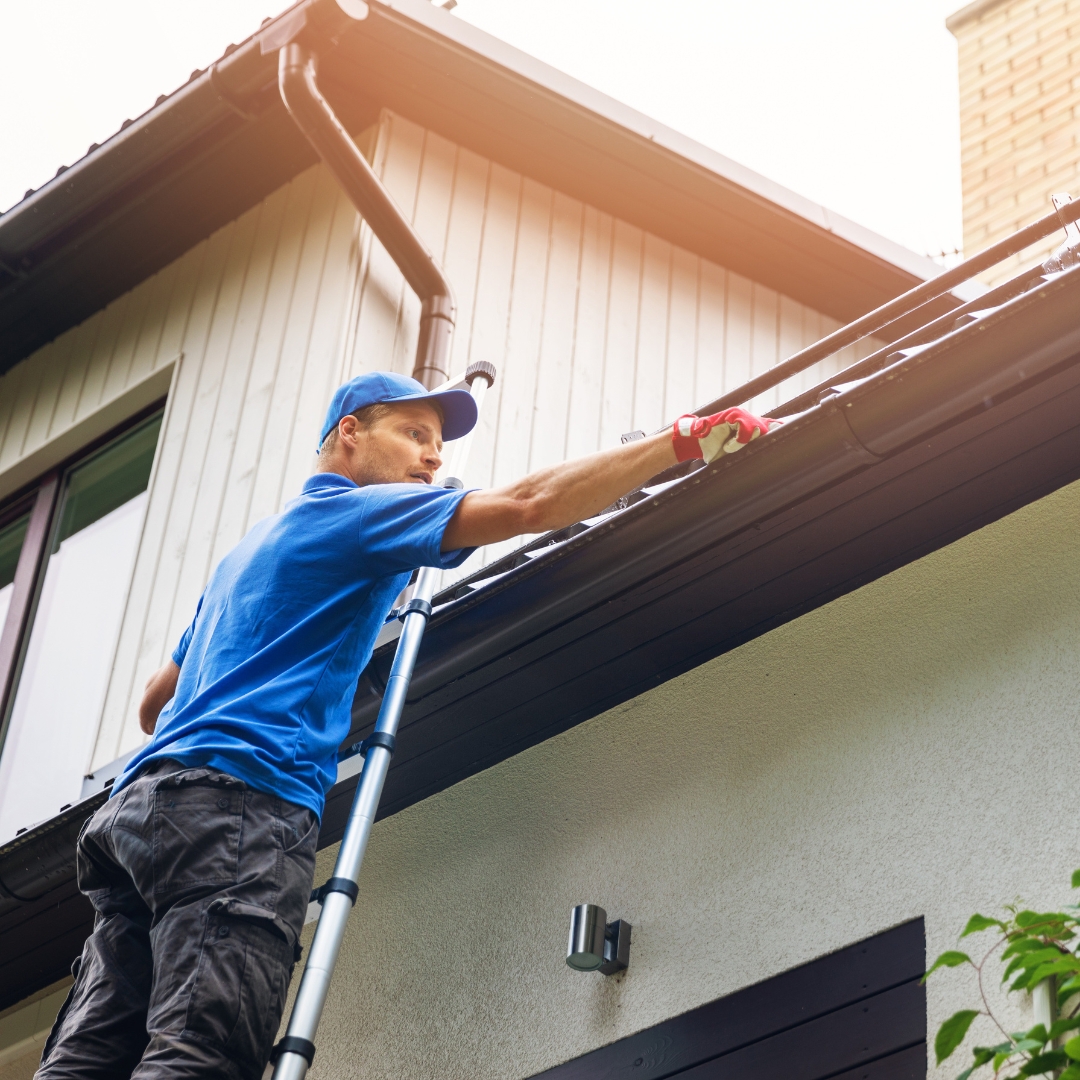 man cleaning gutters on a ladder
