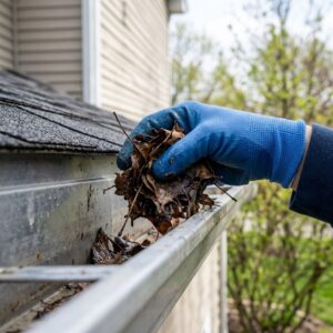 A professional gloved hand meticulously removing compacted wet leaves and debris from a grey residential gutter trough during a hand-cleaning service