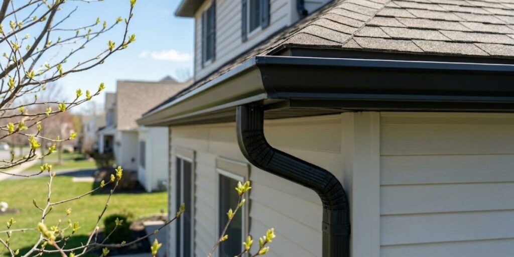 A beautifully maintained traditional suburban home on a sunny spring day in Central New York, protected by a clean and securely fastened grey seamless gutter system