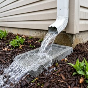 water flowing smoothly and forcefully out of a clean grey downspout exit onto a splash block