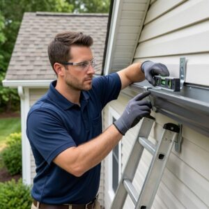 A professional technician on a secure standoff ladder carefully inspecting the pitch and secure bracket attachments of a clean grey gutter system