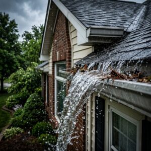 A dynamic shot of a residential home during a heavy storm, showing large amounts of rainwater forcefully overflowing and cascading over the edge of a clogged gutter system.