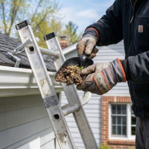 A close-up view of a person wearing heavy work gloves standing on an aluminum ladder and using a black scoop tool to clean wet debris out of a white house gutter.