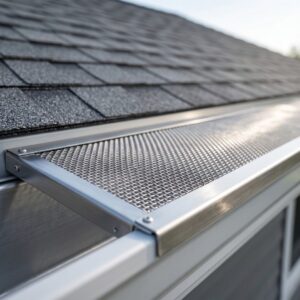 A professional, sharp close-up photo of a modern, silver stainless steel micro-mesh gutter guard cleanly installed over a white aluminum gutter on a shingled roofline.