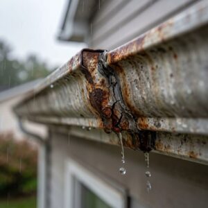 A macro, close-up shot of an old, heavily rusted sectional gutter joint with cracked sealant leaking water droplets during a rainstorm.