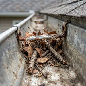 An interior close-up view looking down a weathered, sectional gutter channel where dry brown leaves and sticks are caught and piled up against an internal metal bracket support.