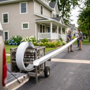 A professional seamless gutter extrusion machine parked in a residential driveway, with a long, continuous piece of freshly formed white aluminum gutter sliding out as workers manage it in the background.