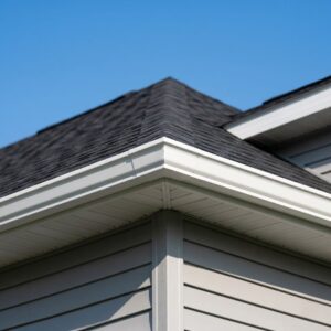 A sharp, low-angle architectural photo showing the clean, seamless corner lines of newly installed white gutters and downspouts against a gray house trim and a clear blue sky.